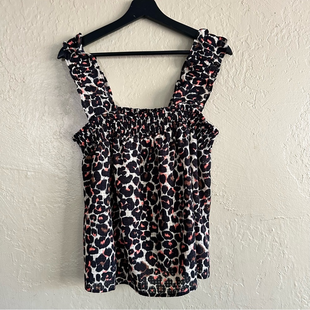Who What Wear Leopard Smocked Tank Top in Black, Cream & Coral